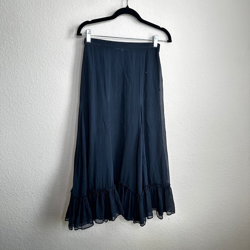 LoveShackFancy‎ Black Silk Ruffle Hem Midi Skirt Sheer Overlay Sz 2 Western Boho